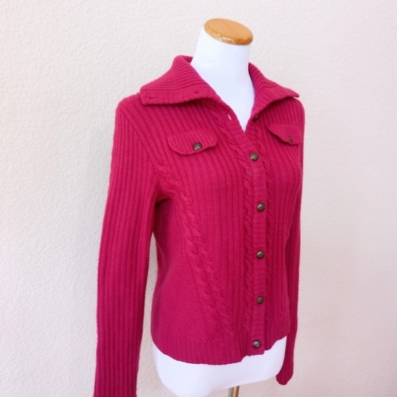 Talbots fuchsia 100% wool ribbed military style cardigan sweater - Picture 3 of 6